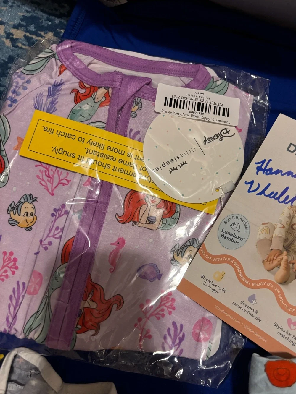 Disney little sleepies Ariel Baby Zippy Sleeper part of her world 0/3 new